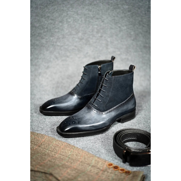 Luxury Side Zipper Black Leather & Suede Dress Monk Boots for Men, styled with premium craftsmanship, sleek design, and modern detailing