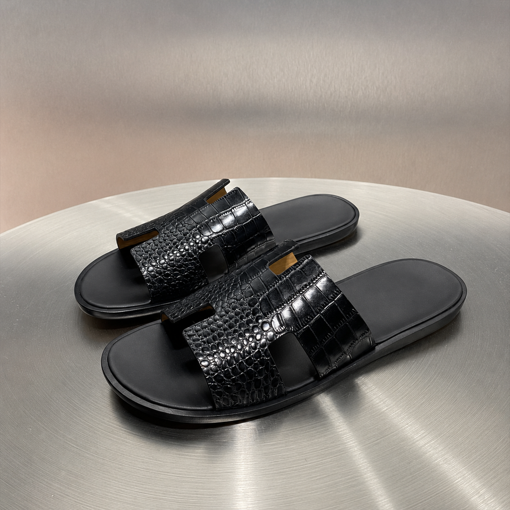 Austin Mens Slippers in Black Croc Leather | LUXE & CRATFS