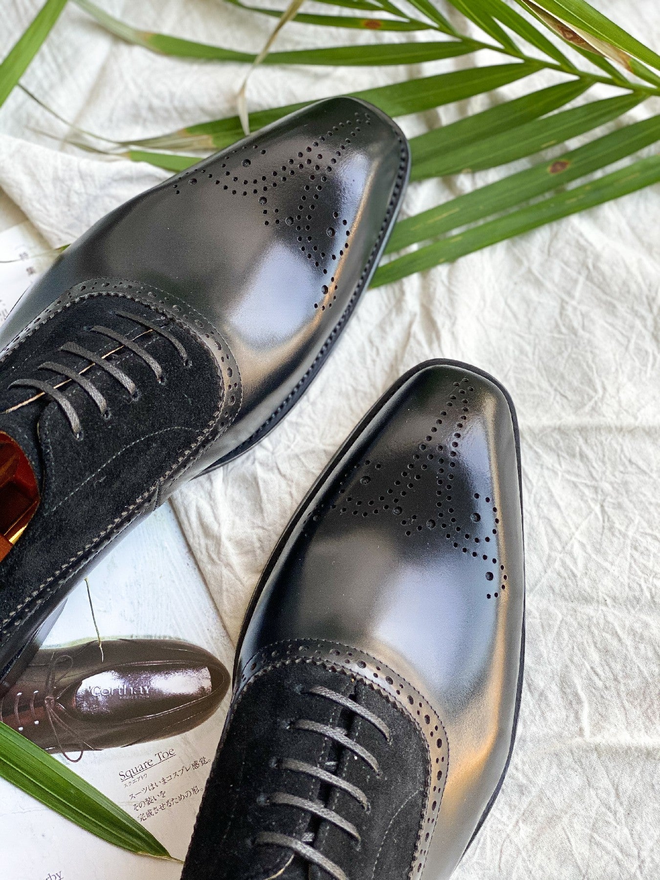 Black - Suede & Leather Brogue Derby Oxfords - Italian Square Toe | LUXE & CRAFT