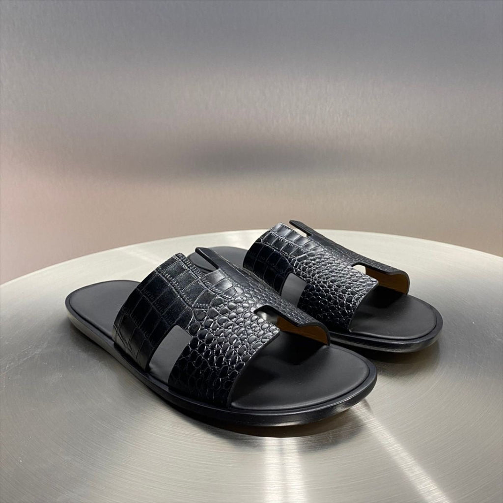 Austin Mens Slippers in Black Croc Leather | LUXE & CRATFS