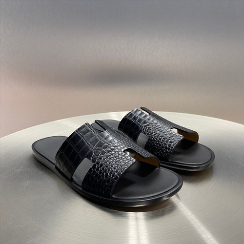 Austin Mens Slippers in Black Croc Leather | LUXE & CRATFS