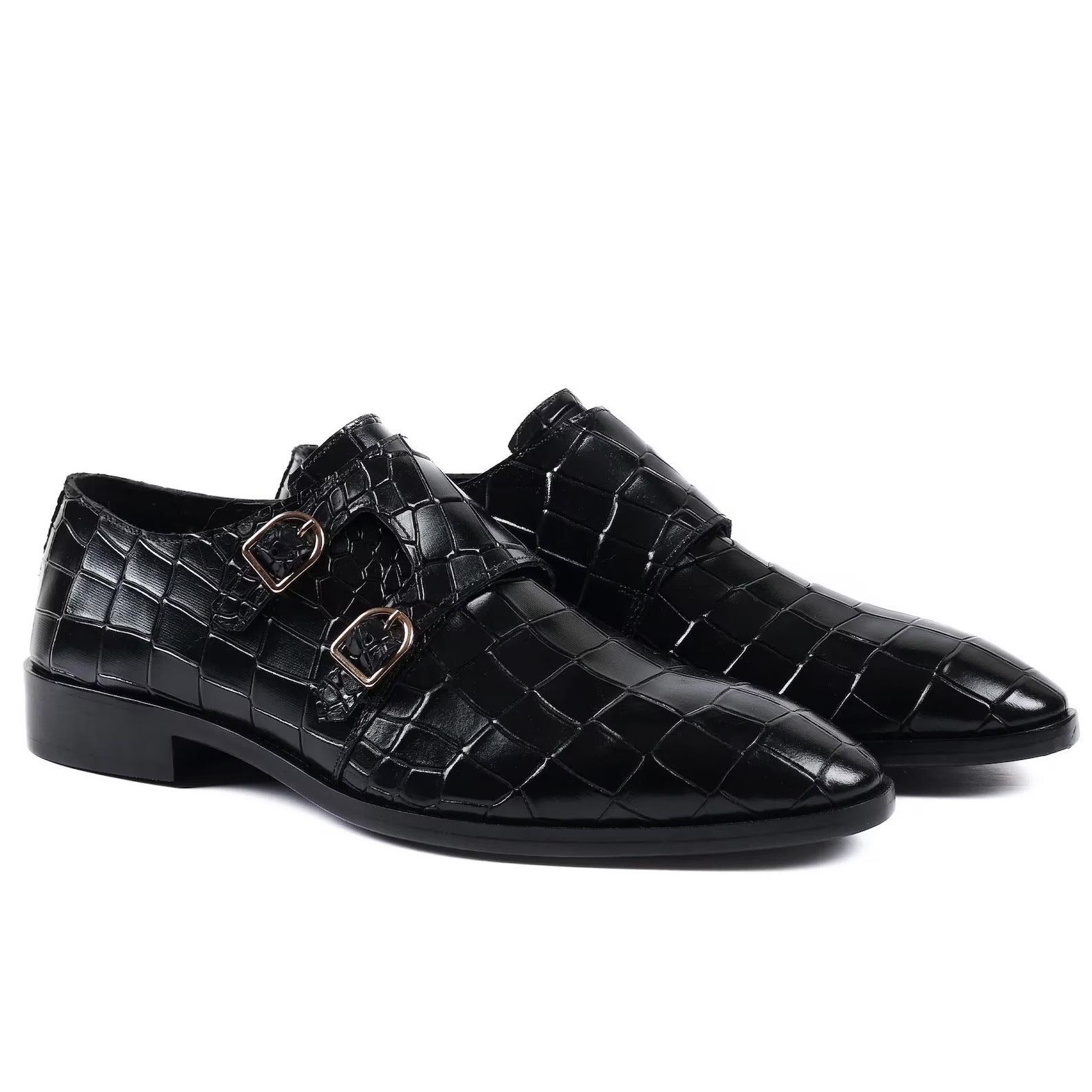 Black Croc Effect Dual Monk Strap Shoes - Square Toe | Luxe&Craft