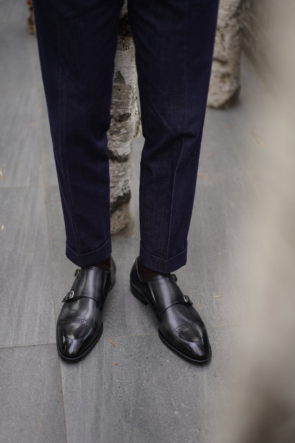 Grey Patina Double Monk Strap Shoes - Round Toe | LUXE & CRAFT