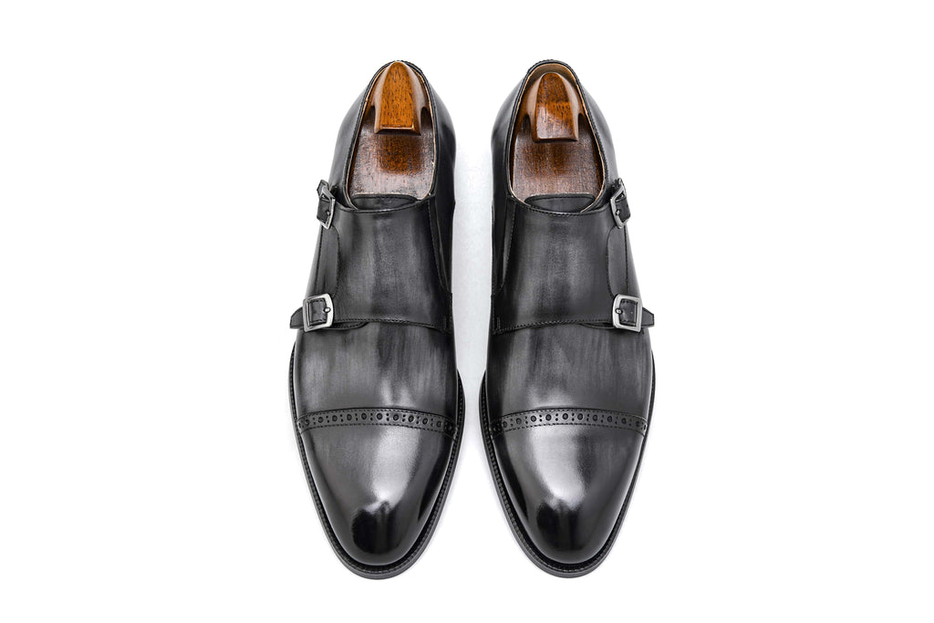 Grey Patina Double Monk Strap Shoes - Round Toe | LUXE & CRAFT