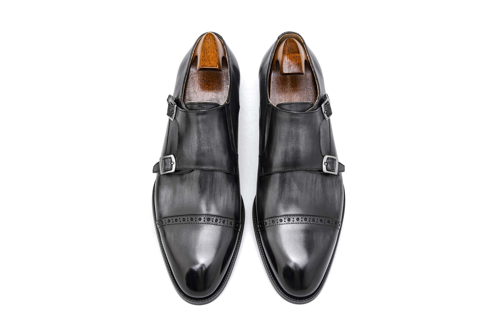 Grey Patina Double Monk Strap Shoes - Round Toe | LUXE & CRAFT