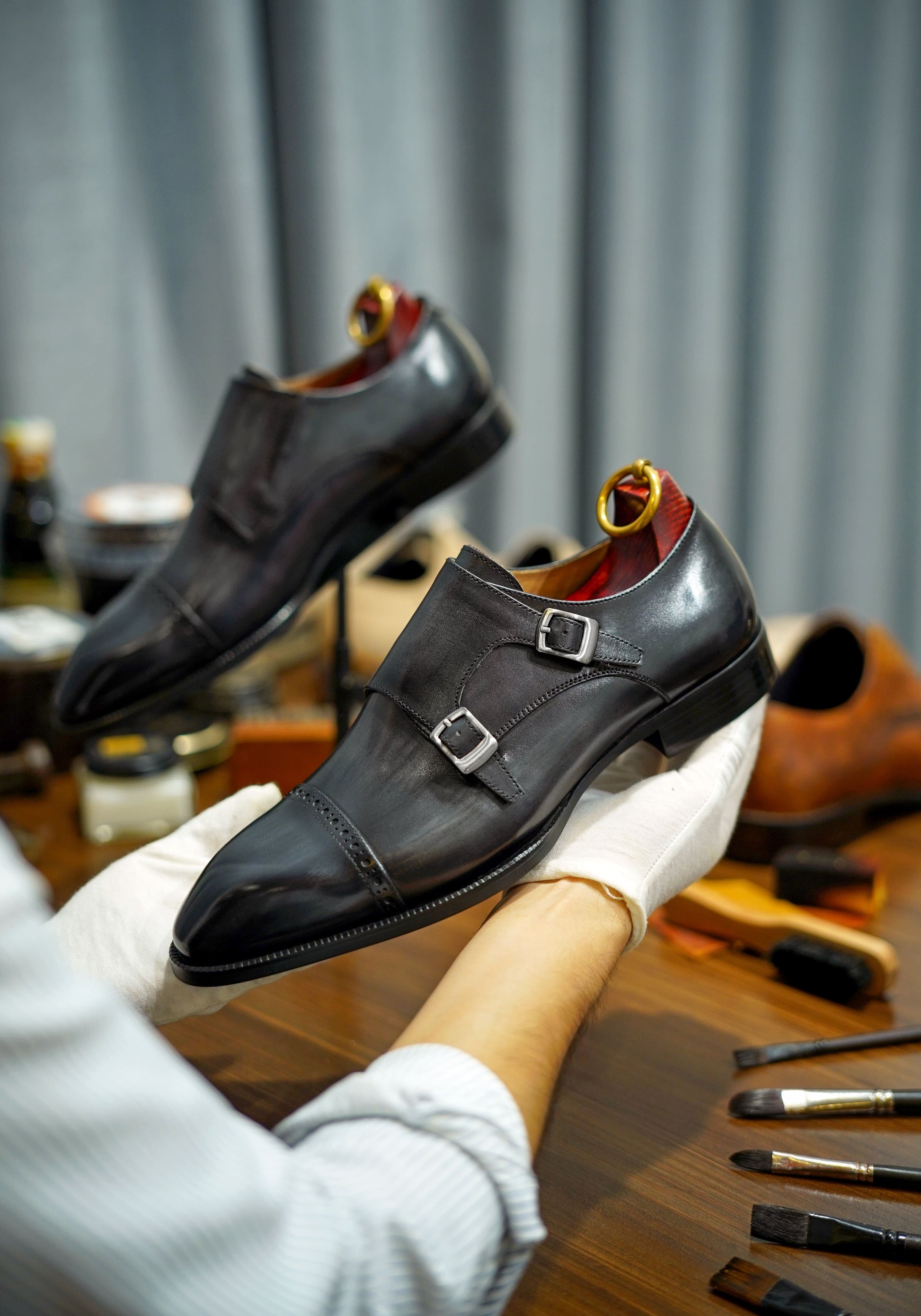 Grey Patina Double Monk Strap Shoes - Round Toe | LUXE & CRAFT