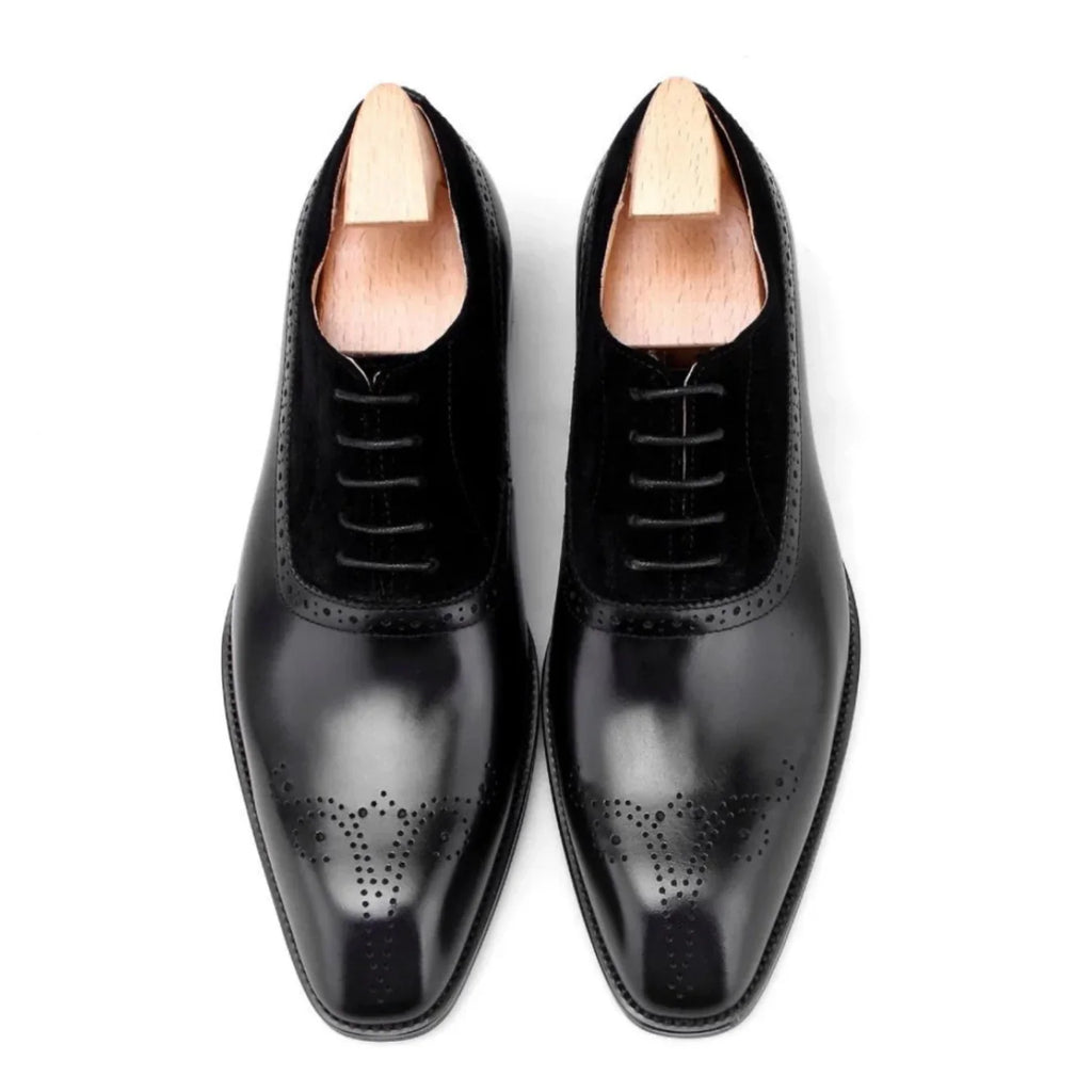 Black - Suede & Leather Brogue Derby Oxfords - Italian Square Toe | LUXE & CRAFT