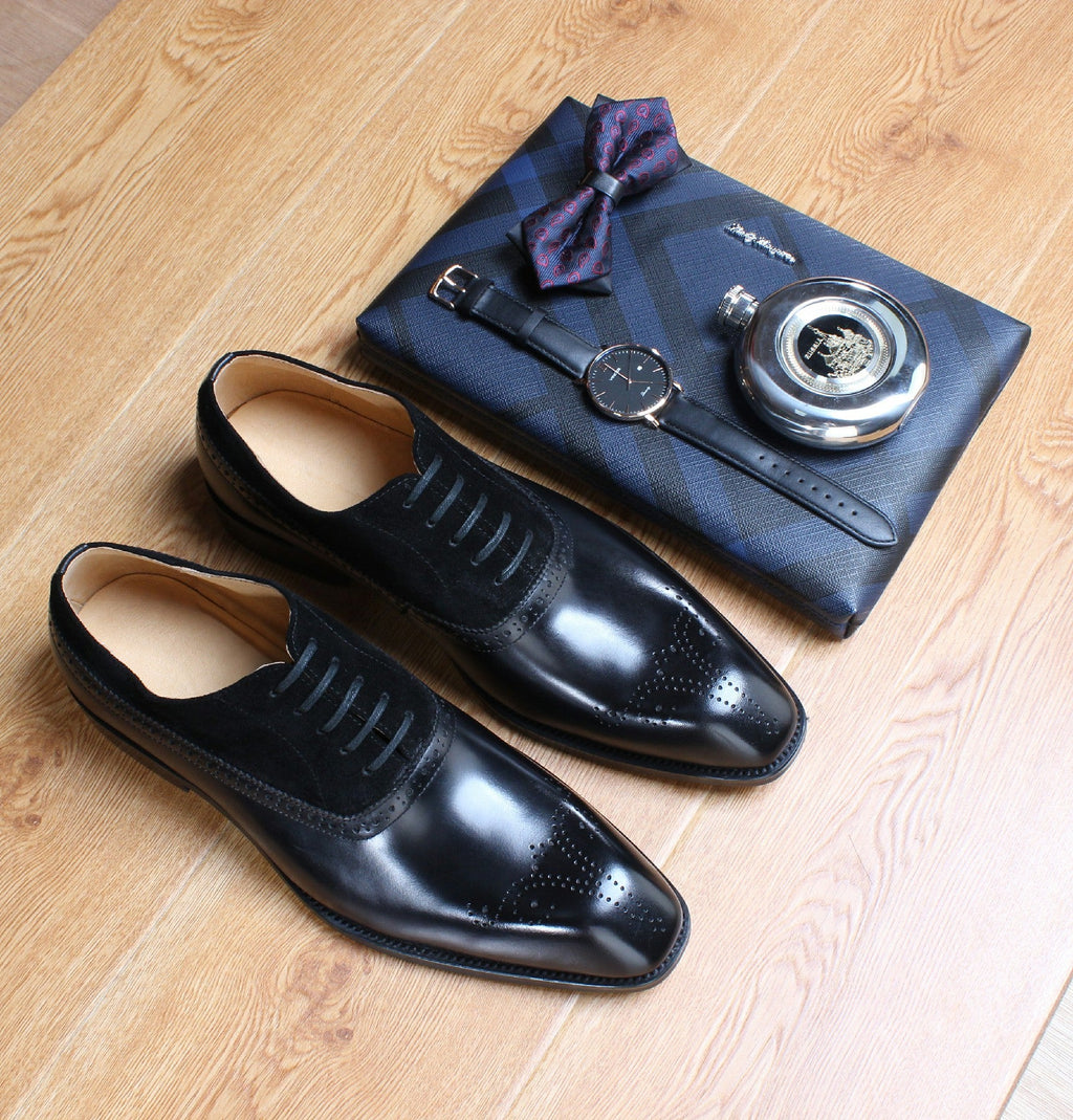 Black - Suede & Leather Brogue Derby Oxfords - Italian Square Toe | LUXE & CRAFT