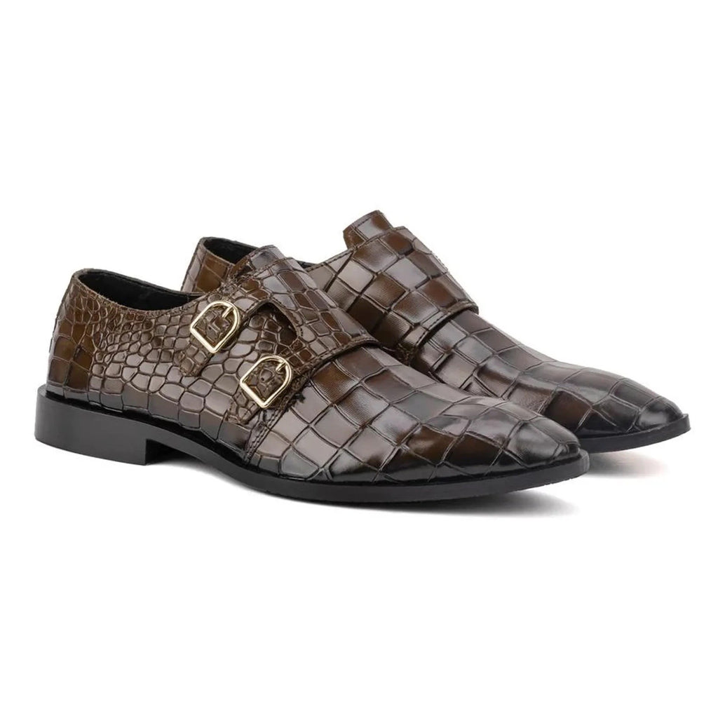 Black Croc Effect Dual Monk Strap Shoes - Square Toe | Luxe&Craft