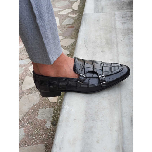 Close-up of Black Croco Double Monk Strap Shoe, highlighting the glossy crocodile leather pattern and buckle design.