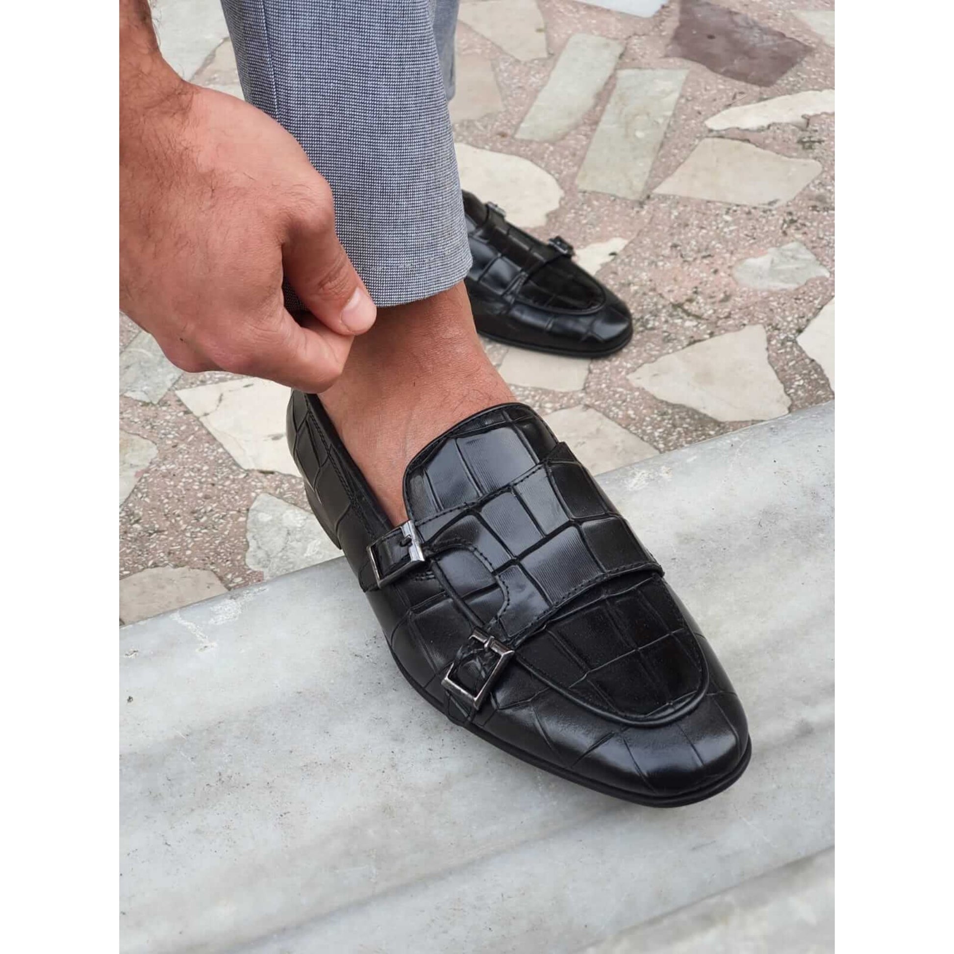Black Croco Double Monk Strap Shoes with intricate croc leather pattern, paired with grey tailored pants for a formal look.