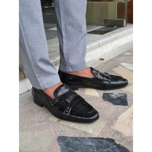 Black Croco Double Monk Strap Shoes worn with light grey pants, showcasing stylish crocodile leather texture and premium craftsmanship.
