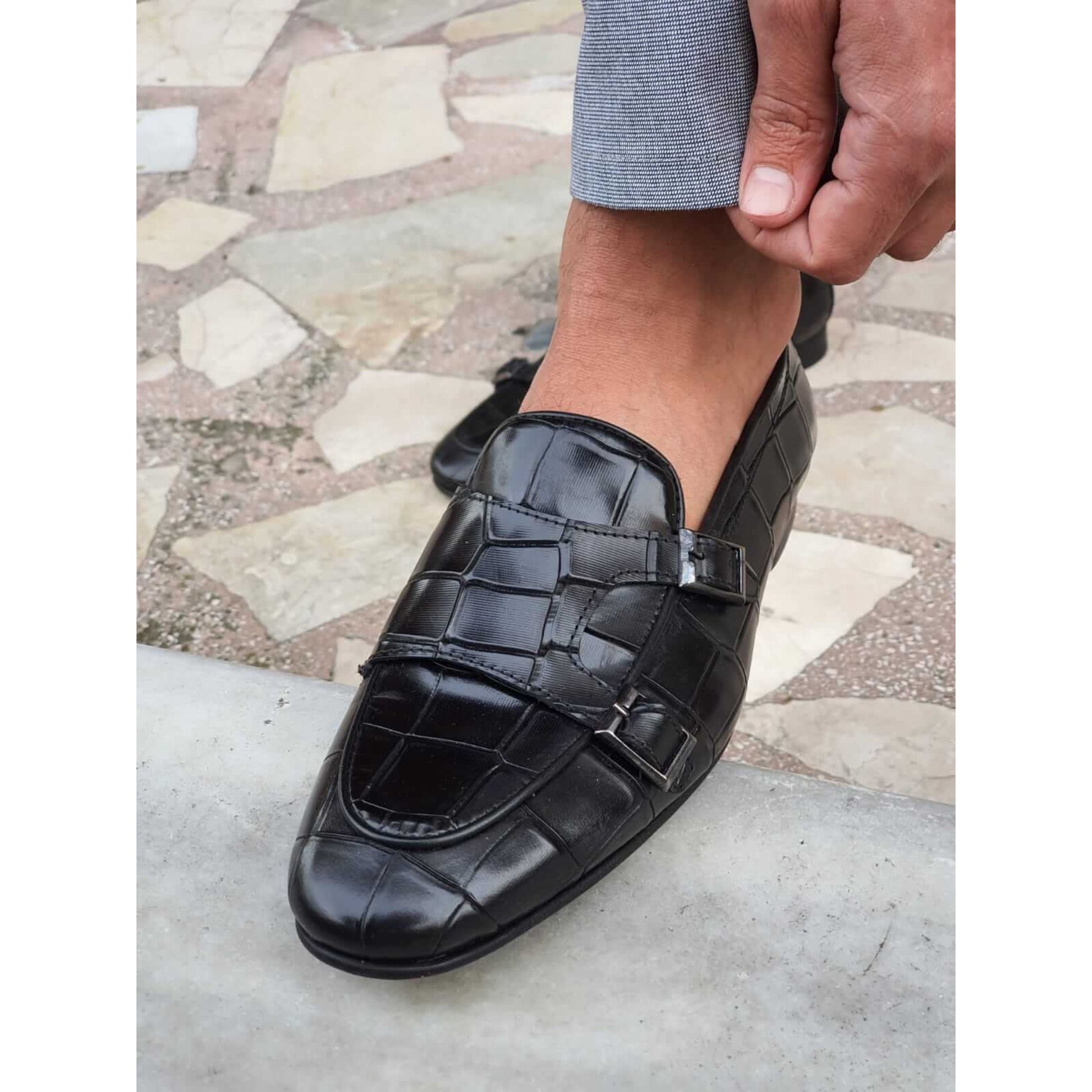 Side view of Black Croco Double Monk Strap Shoe with detailed croc leather texture, designed for a sophisticated and elegant look.