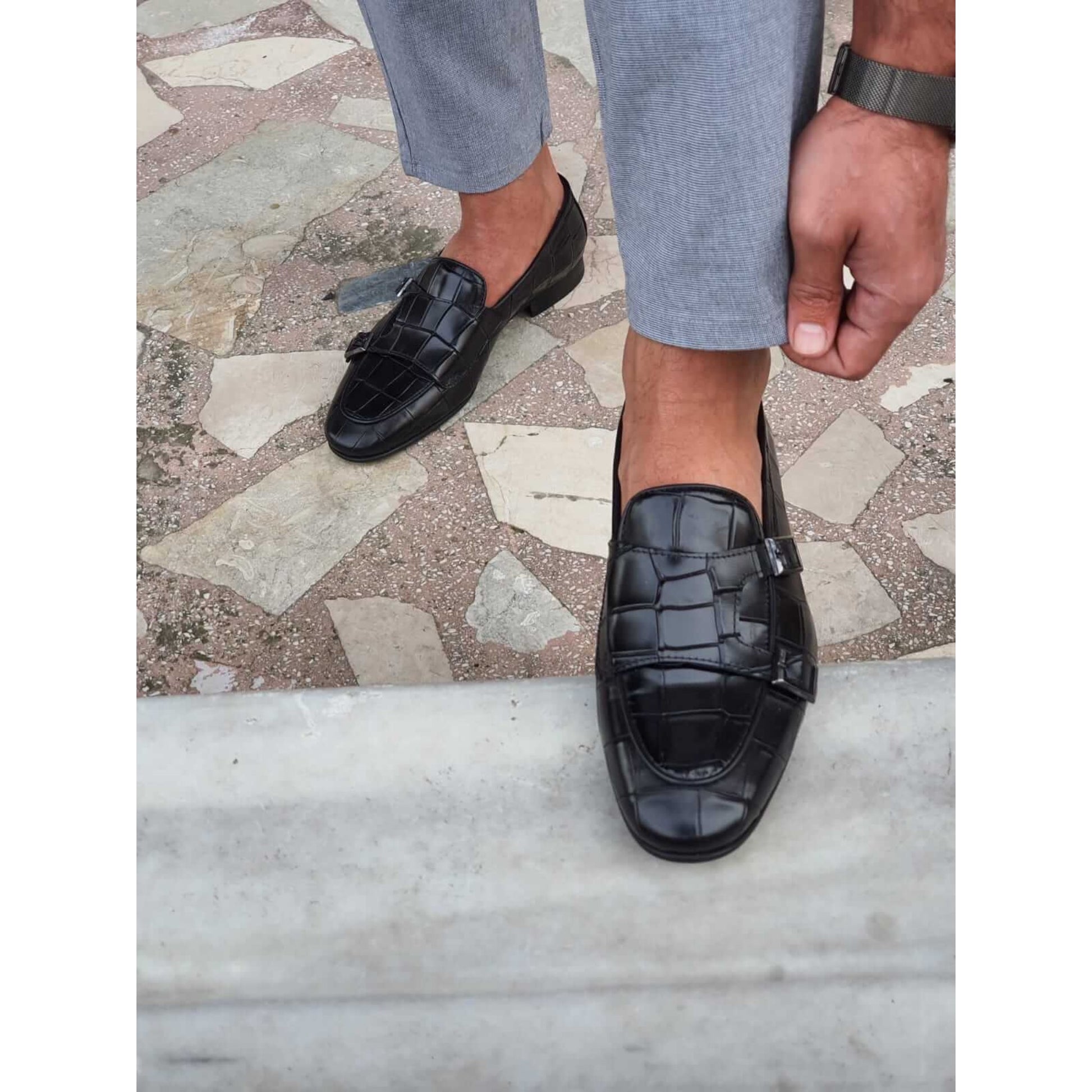 Black Croco Double Monk Strap Shoes worn with grey trousers, showcasing the stylish double buckle and polished leather finish.