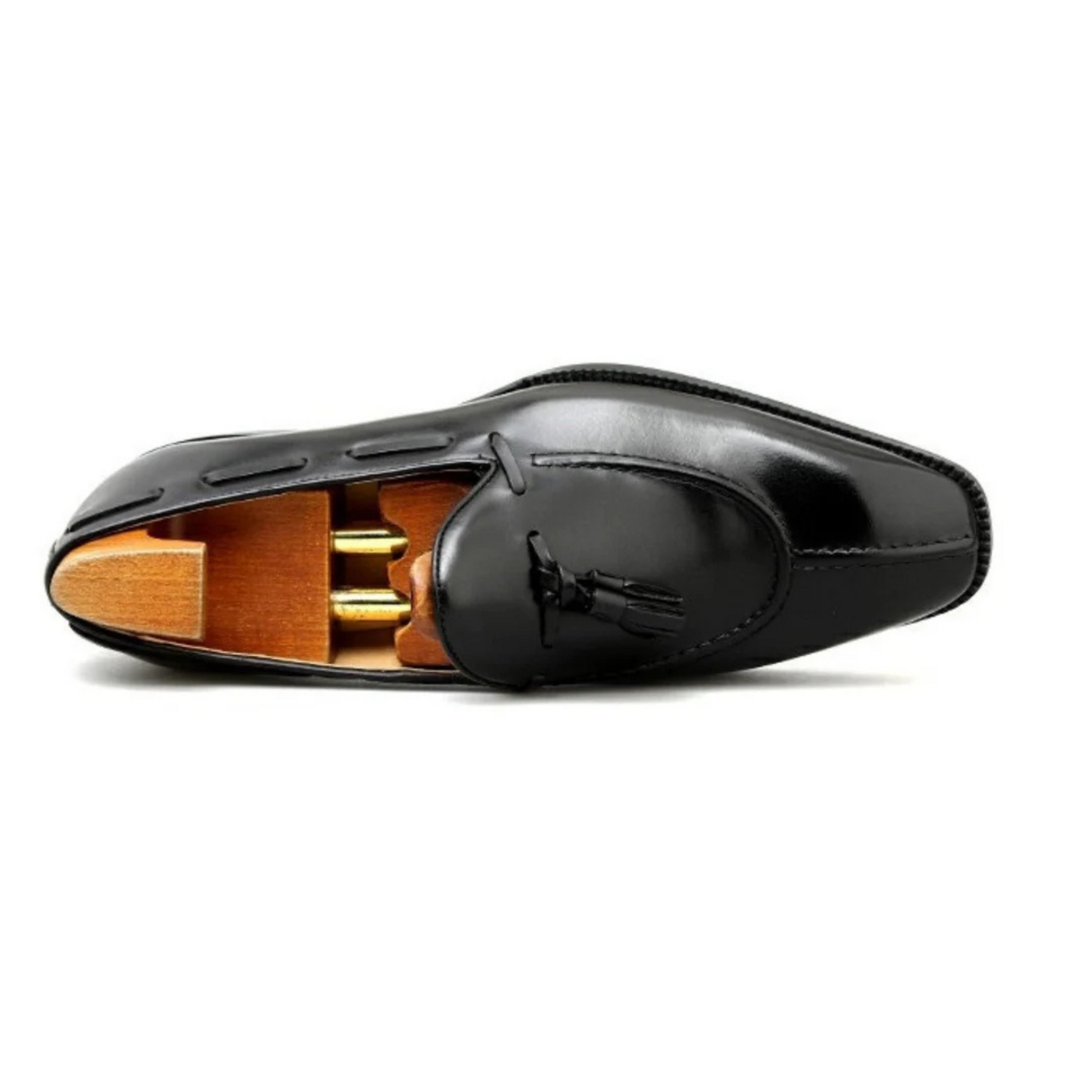 Side view of Black High Shine Leather Tassel Loafers, showcasing the glossy leather finish, stylish tassel detailing, and comfortable slip-on fit.
