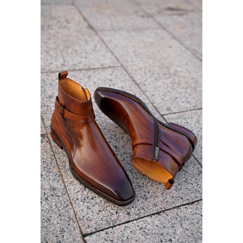 Side view of Brown Leather Jodhpur Boots, featuring a hand-painted patina finish and a stylish ankle strap for a formal and elegant appearance.