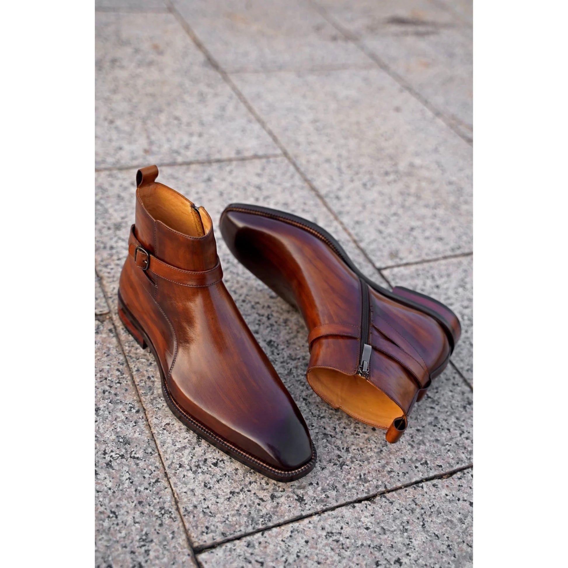 Side view of Brown Leather Jodhpur Boots, featuring a hand-painted patina finish and a stylish ankle strap for a formal and elegant appearance.