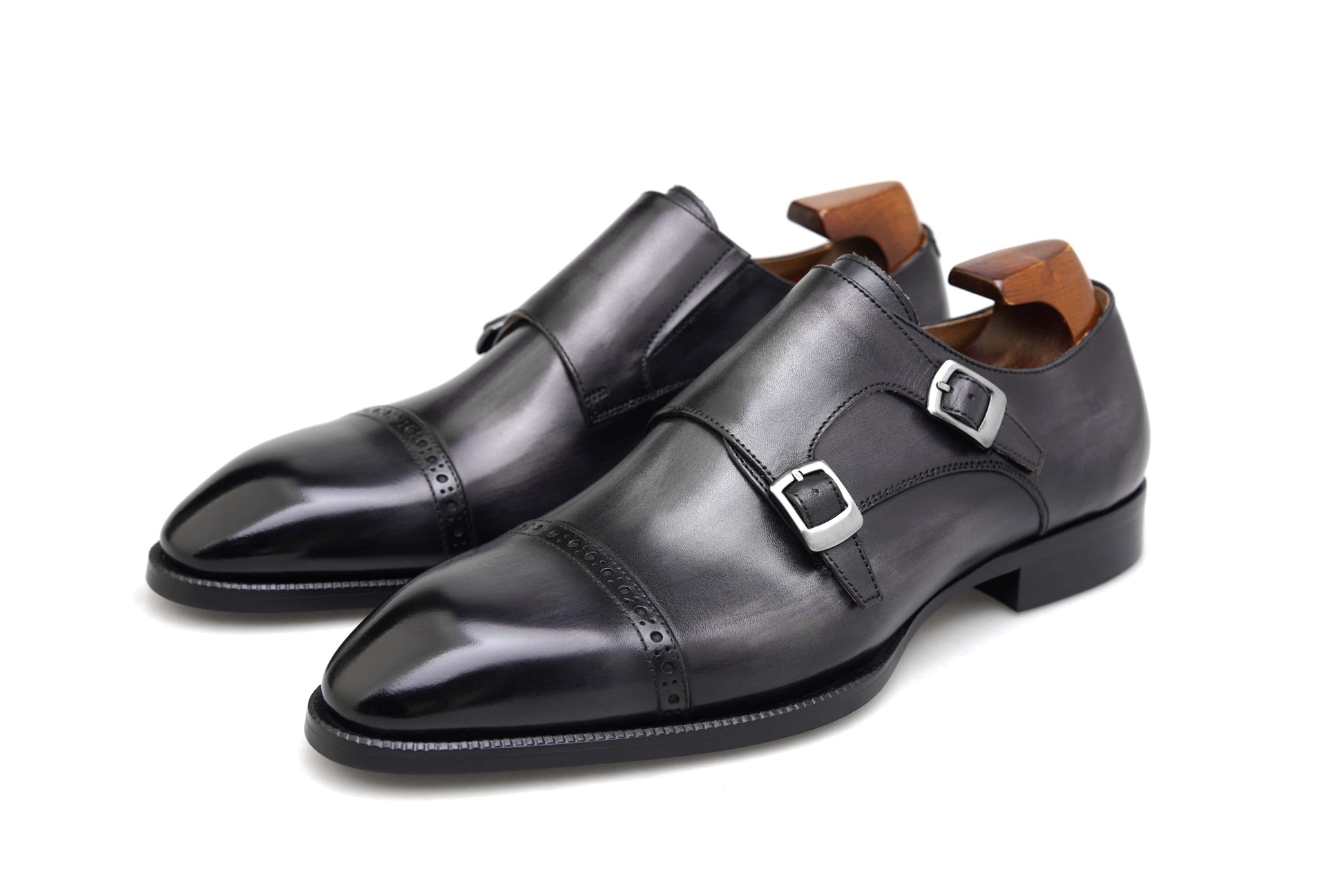 Grey Patina Double Monk Strap Shoes - Round Toe | LUXE & CRAFT