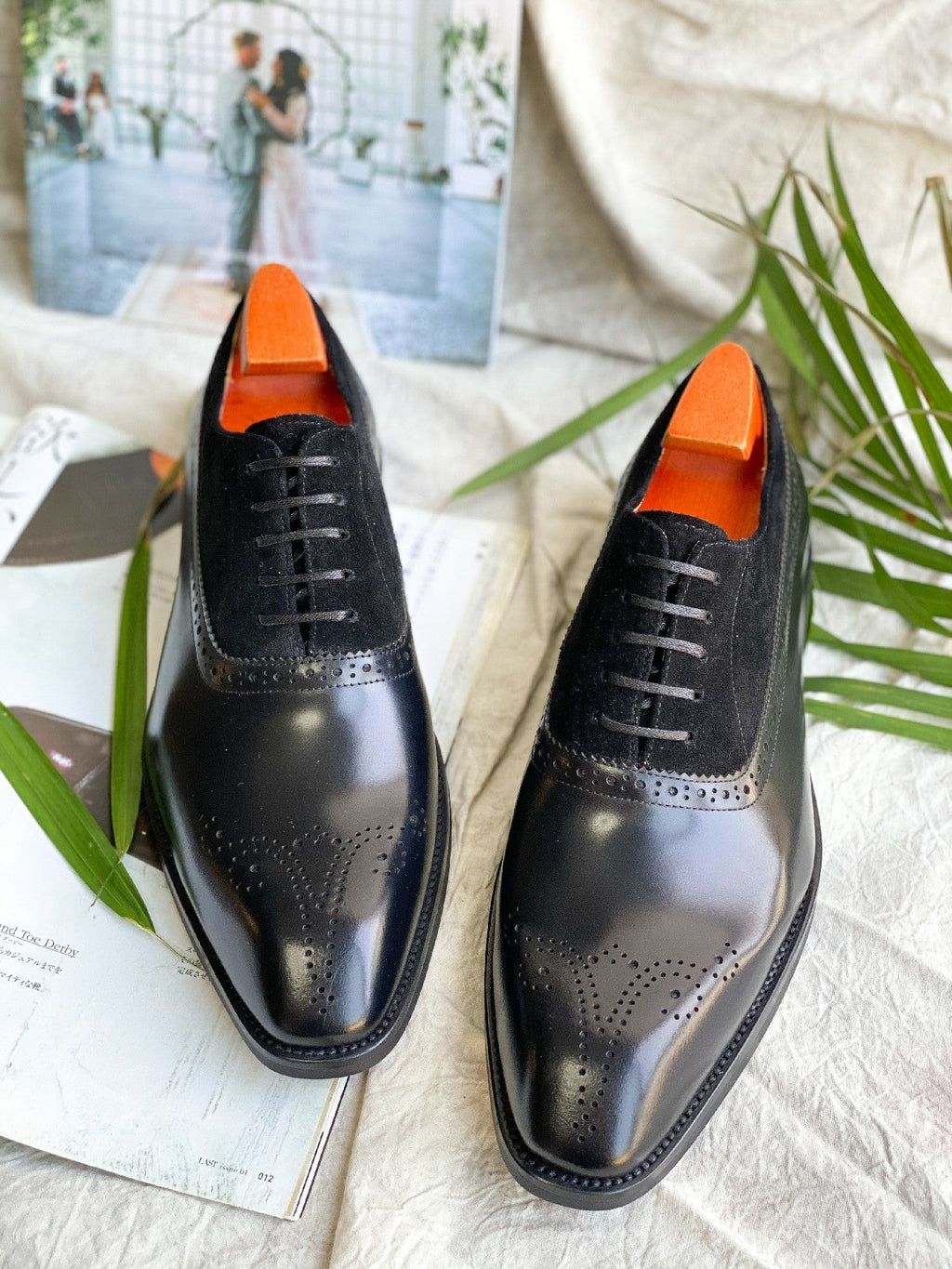 Black - Suede & Leather Brogue Derby Oxfords - Italian Square Toe | LUXE & CRAFT