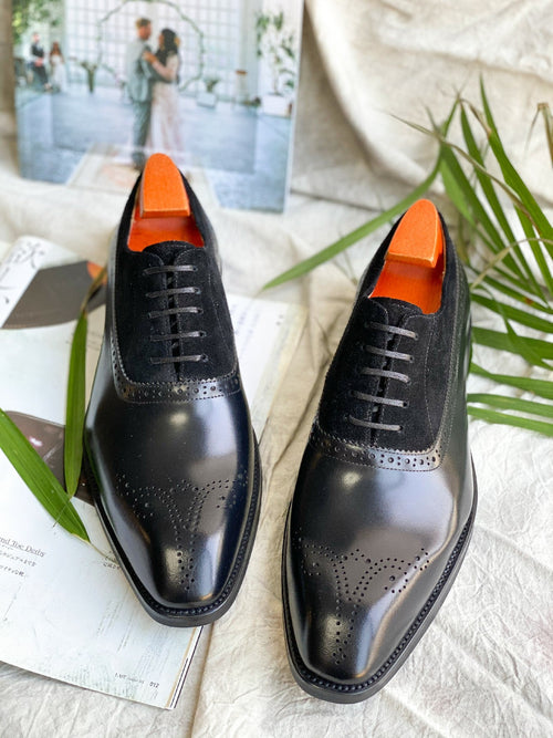 Black - Suede & Leather Brogue Derby Oxfords - Italian Square Toe | LUXE & CRAFT