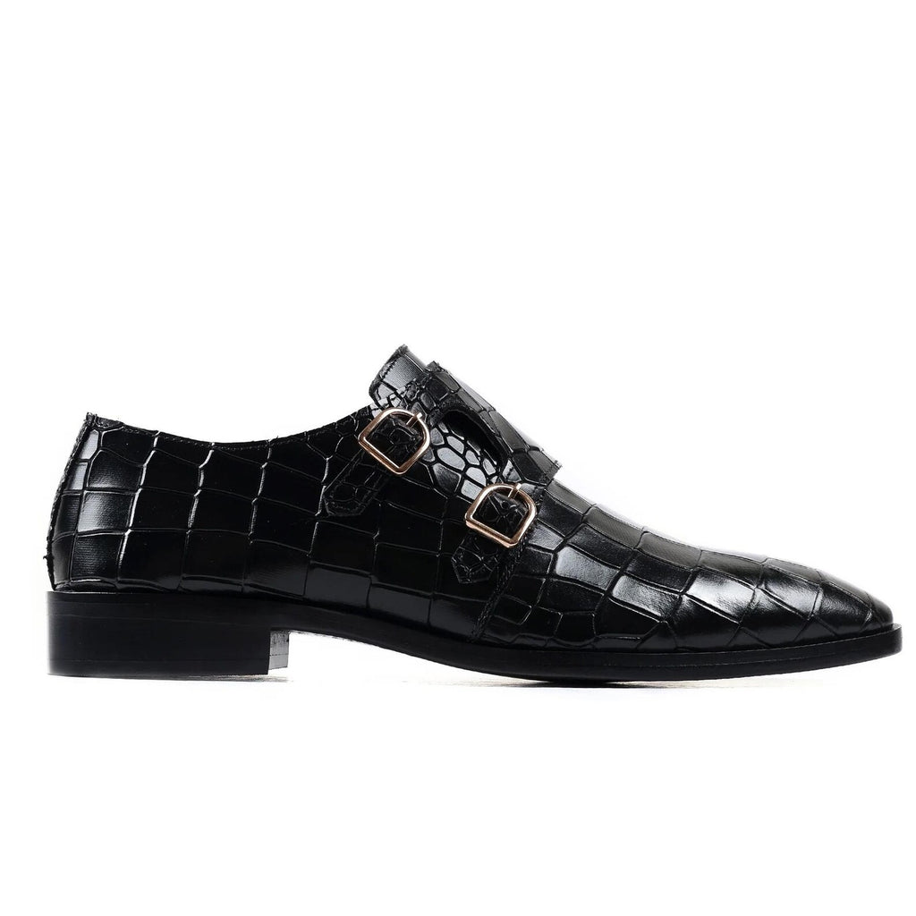 Black Croc Effect Dual Monk Strap Shoes - Square Toe | Luxe&Craft