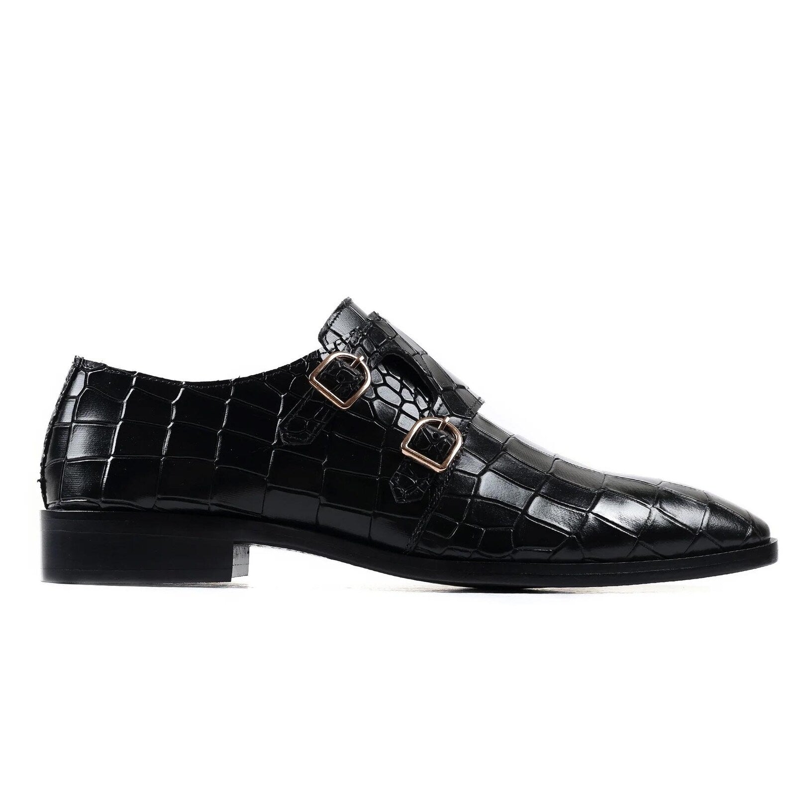 Black Croc Effect Dual Monk Strap Shoes - Square Toe | Luxe&Craft