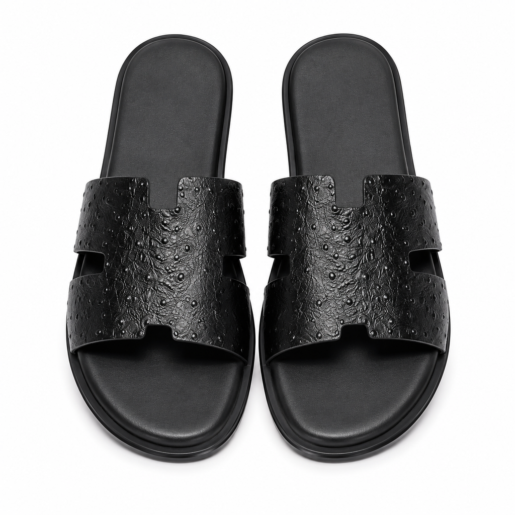 Austin Mens Slippers in Black Ostrich Leather | LUXE & CRATFS