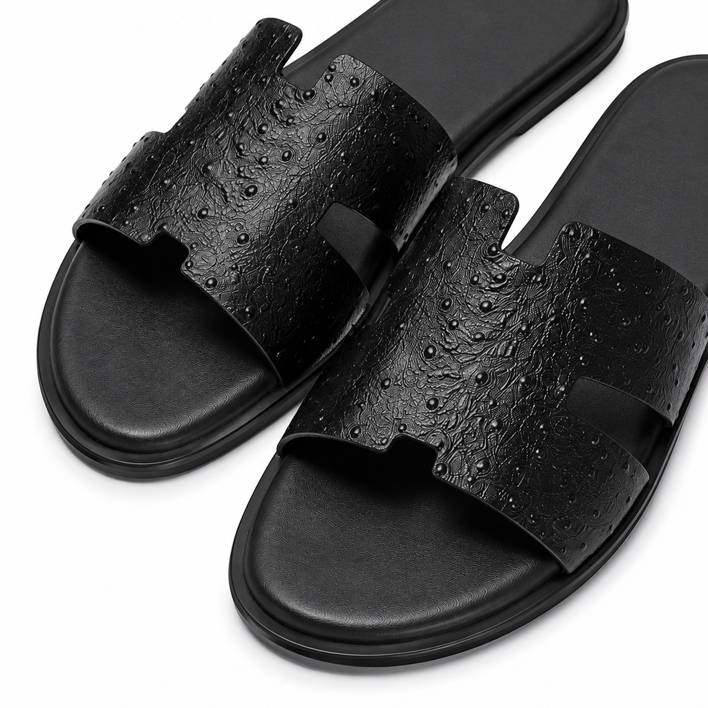 Austin Mens Slippers in Black Ostrich Leather | LUXE & CRATFS