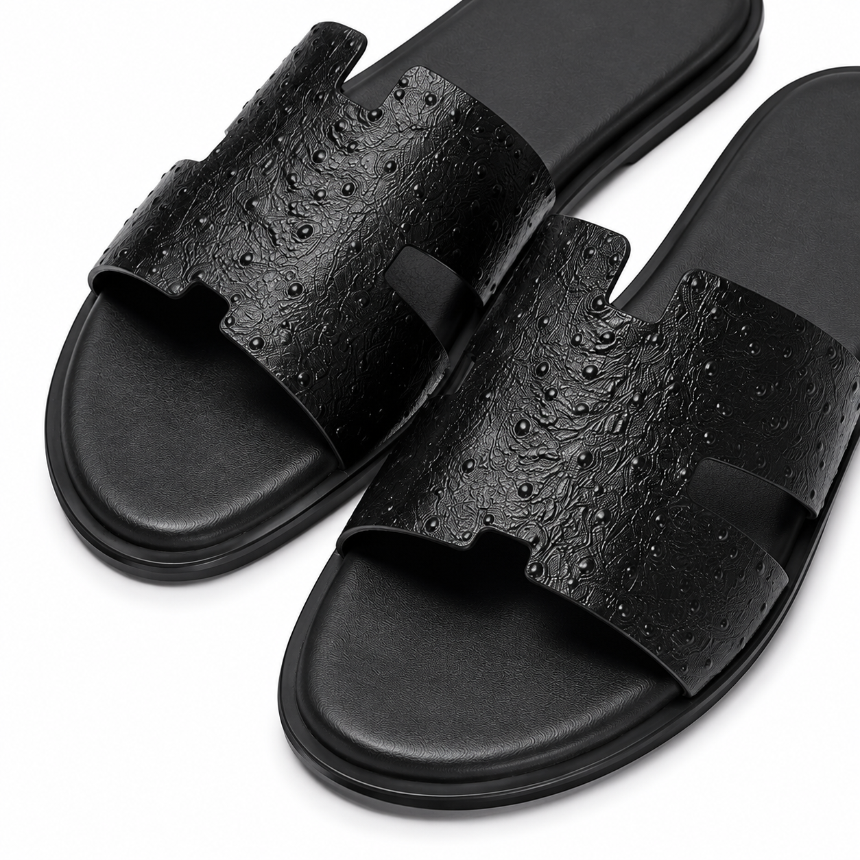 Austin Mens Slippers in Black Ostrich Leather | LUXE & CRATFS