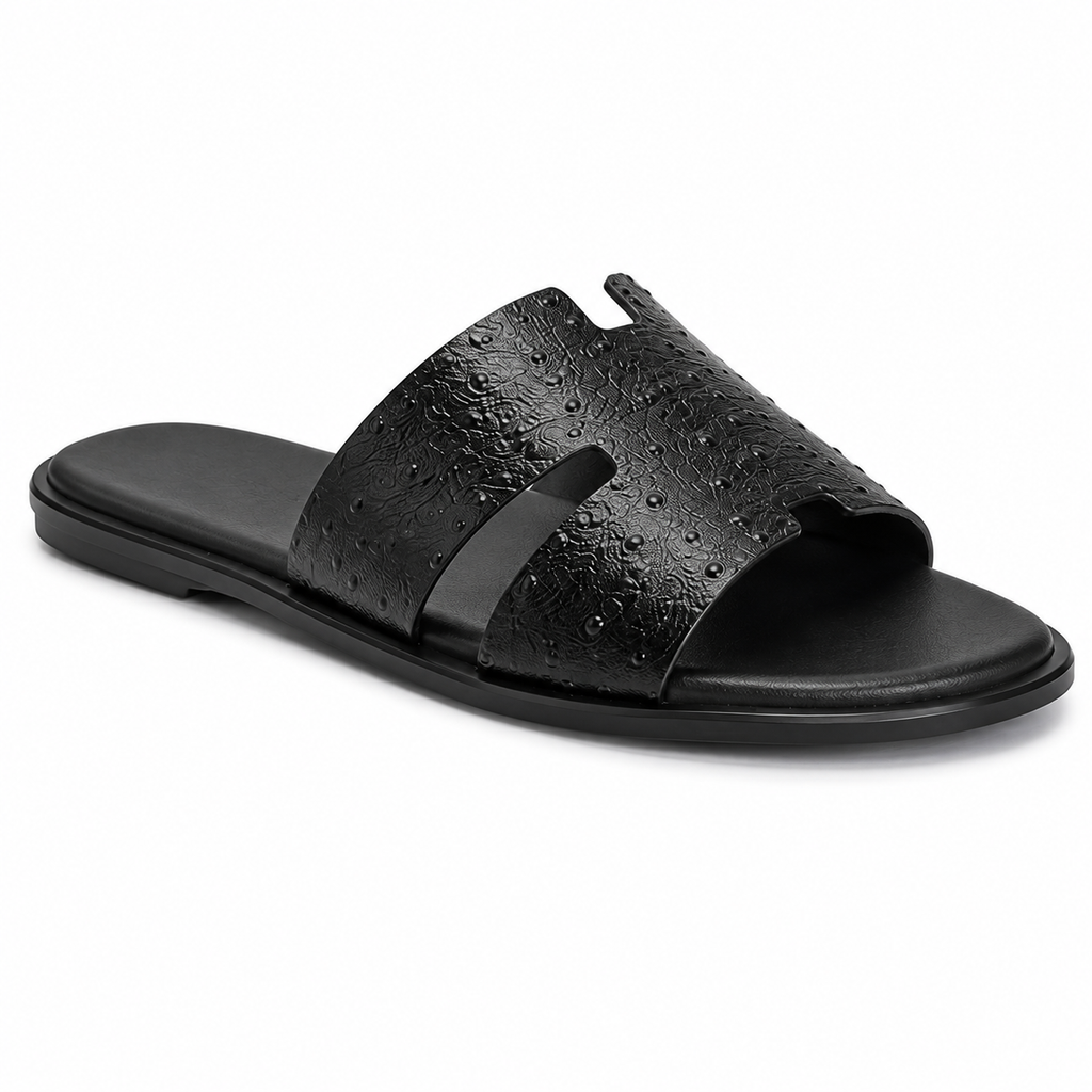 Austin Mens Slippers in Black Ostrich Leather | LUXE & CRATFS