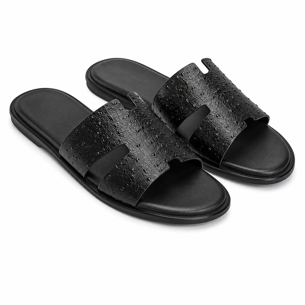 Austin Mens Slippers in Black Ostrich Leather | LUXE & CRATFS