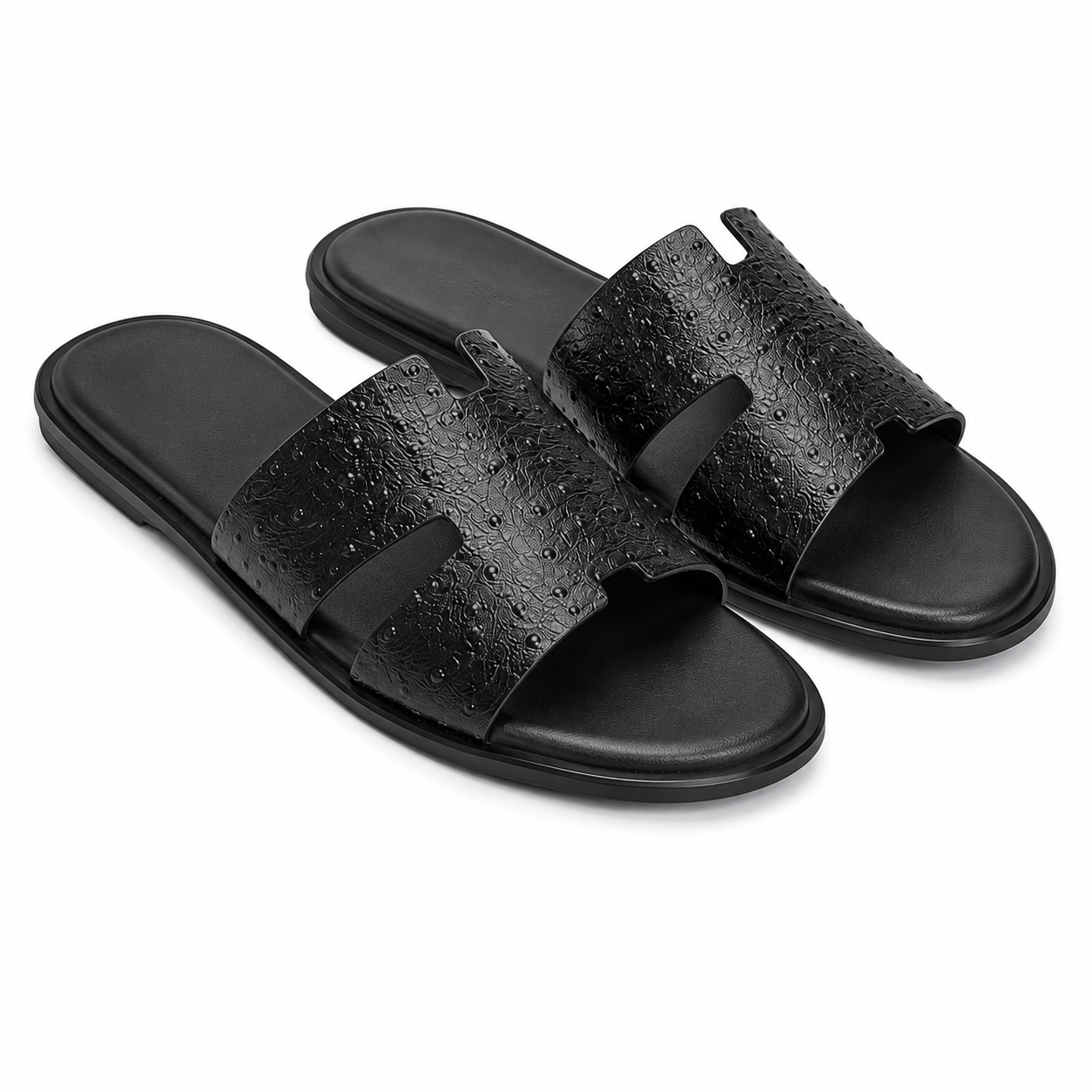 Austin Mens Slippers in Black Ostrich Leather | LUXE & CRATFS
