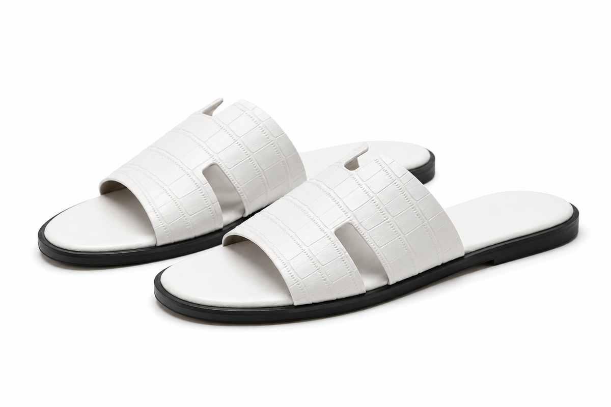 Austin Mens Slippers in White Croco Leather | LUXE & CRATFS