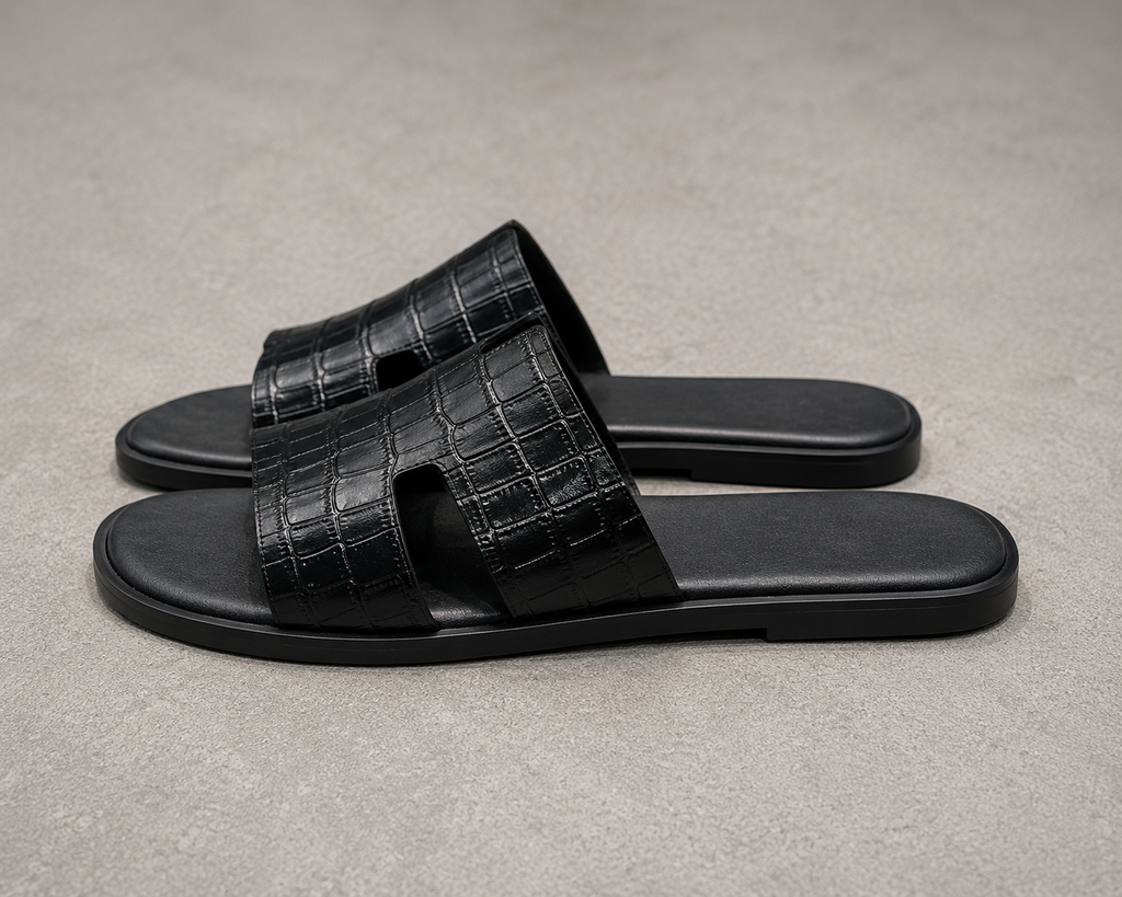 Austin Mens Slippers in Black Croco Leather | LUXE & CRATFS