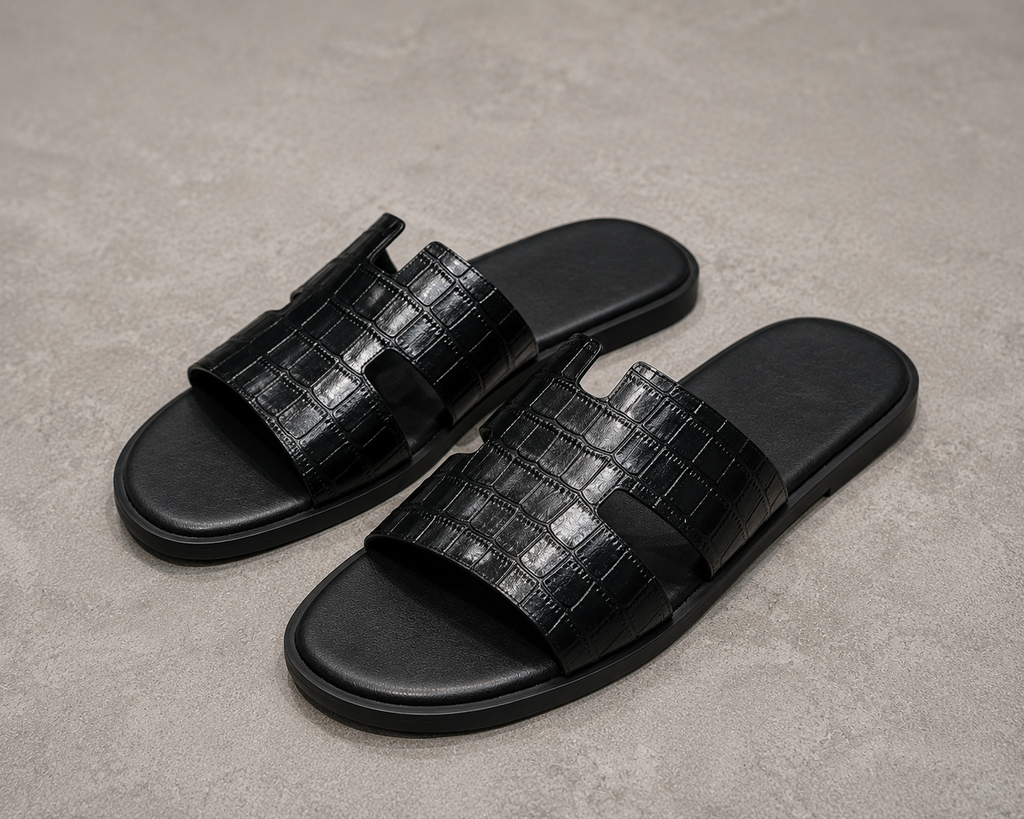 Austin Mens Slippers in Black Croco Leather | LUXE & CRATFS