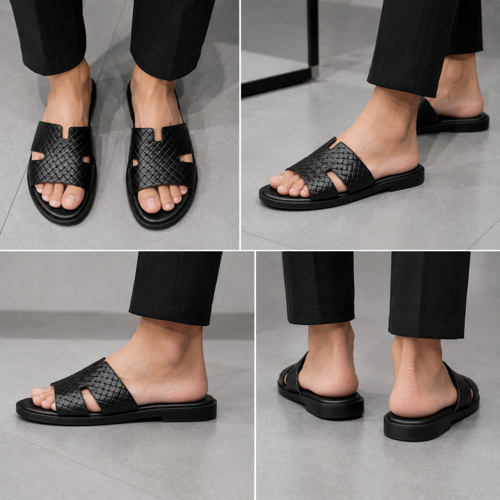 Austin Mens Slippers in Black Effect Leather | LUXE & CRATFS