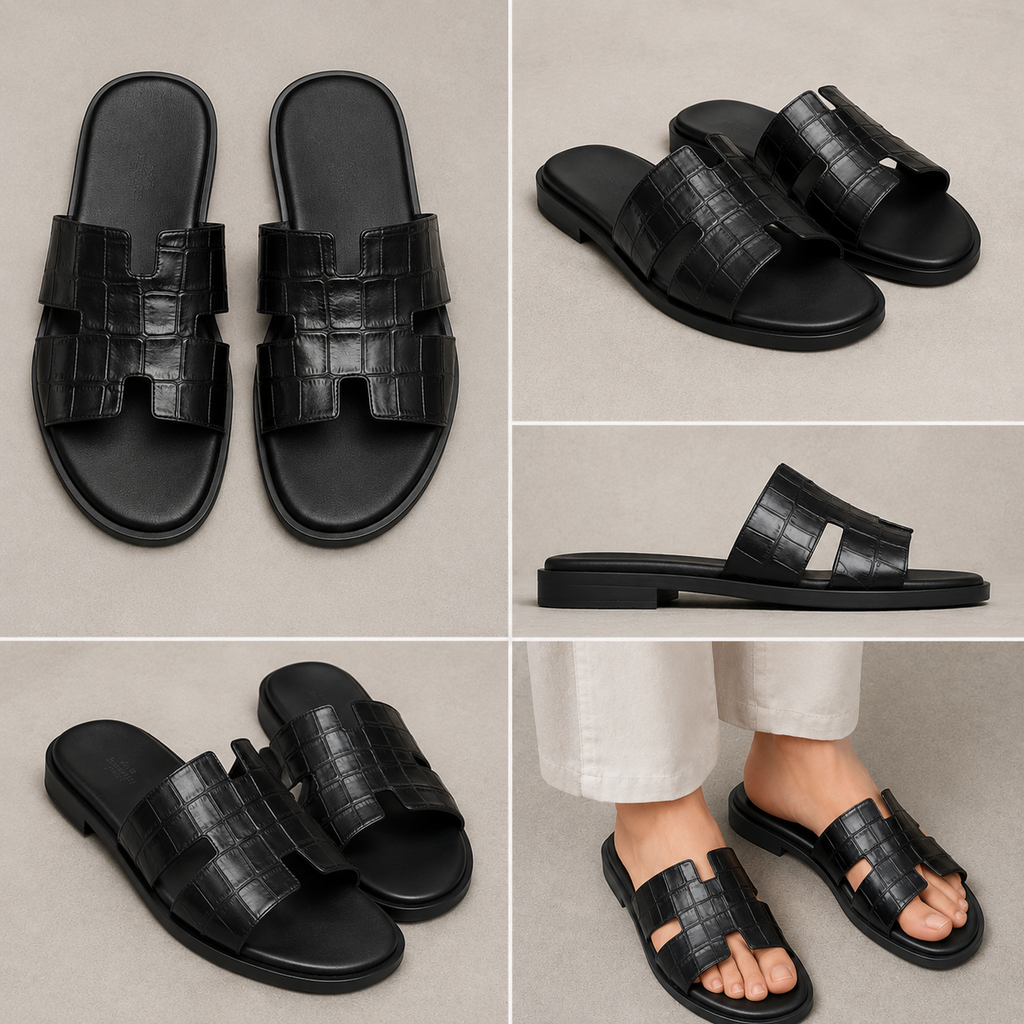 Austin Mens Slippers in Black Croc Leather | LUXE & CRATFS