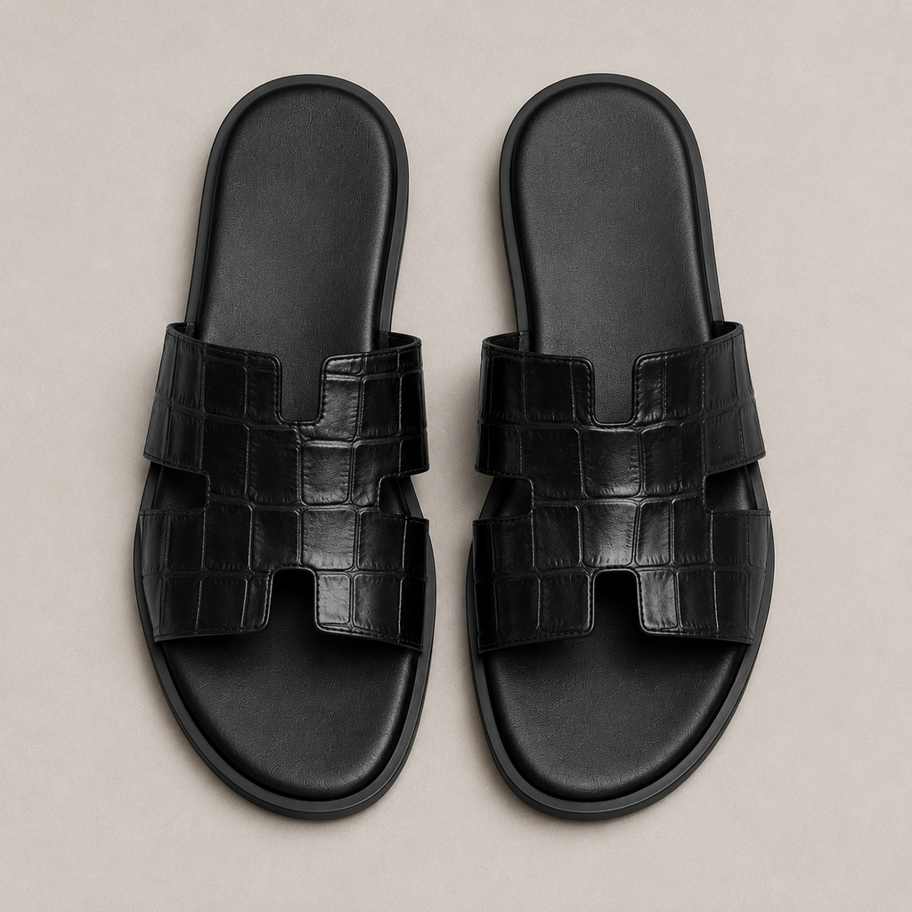 Austin Mens Slippers in Black Croc Leather | LUXE & CRATFS
