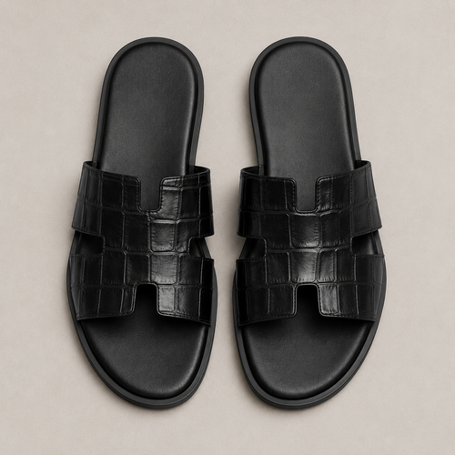 Austin Mens Slippers in Black Croc Leather | LUXE & CRATFS