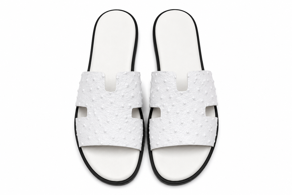 Austin Mens Slippers in White Ostrich Leather | LUXE & CRATFS