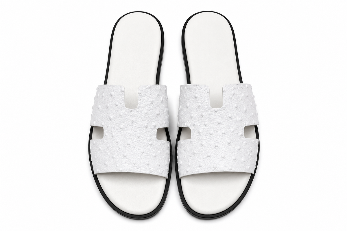 Austin Mens Slippers in White Ostrich Leather | LUXE & CRATFS