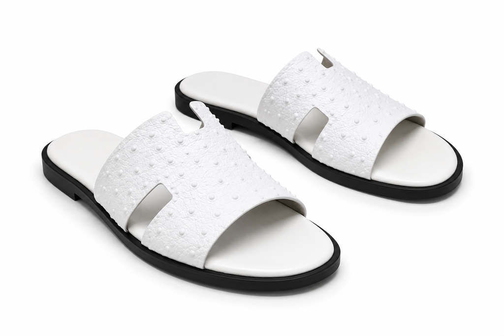 Austin Mens Slippers in White Ostrich Leather | LUXE & CRATFS