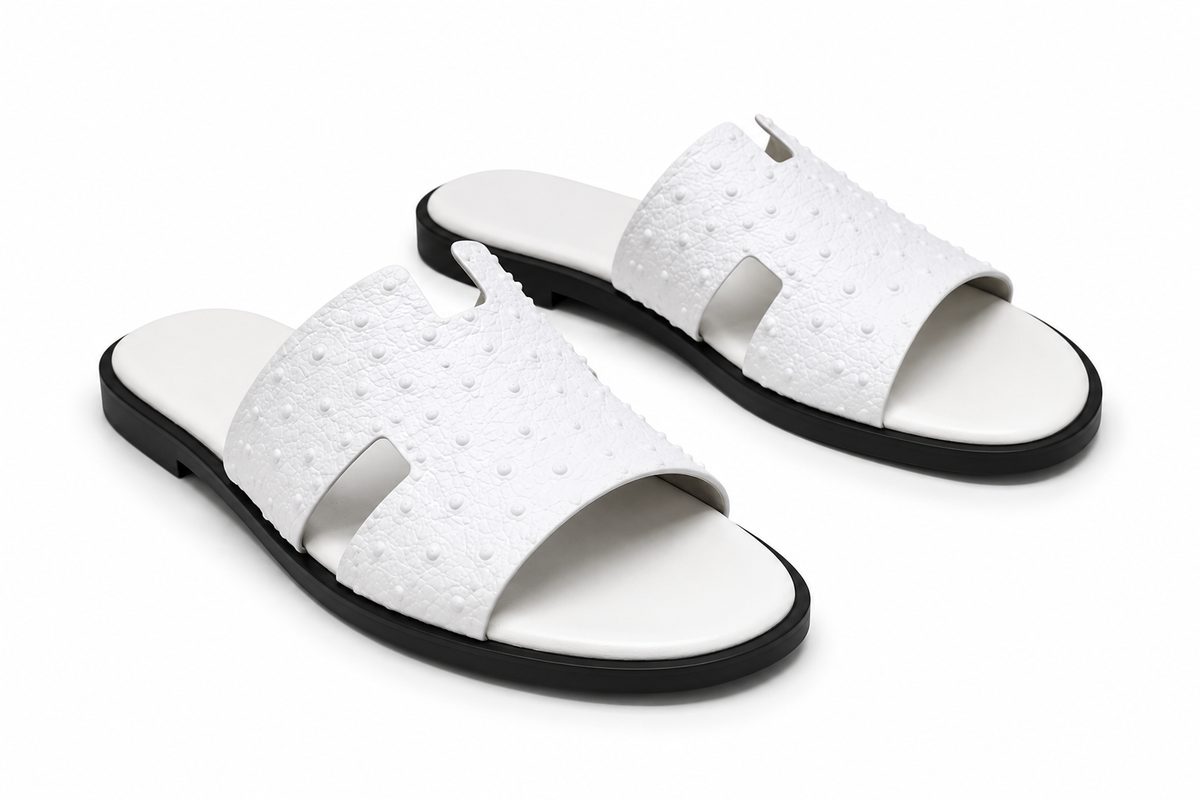 Austin Mens Slippers in White Ostrich Leather | LUXE & CRATFS