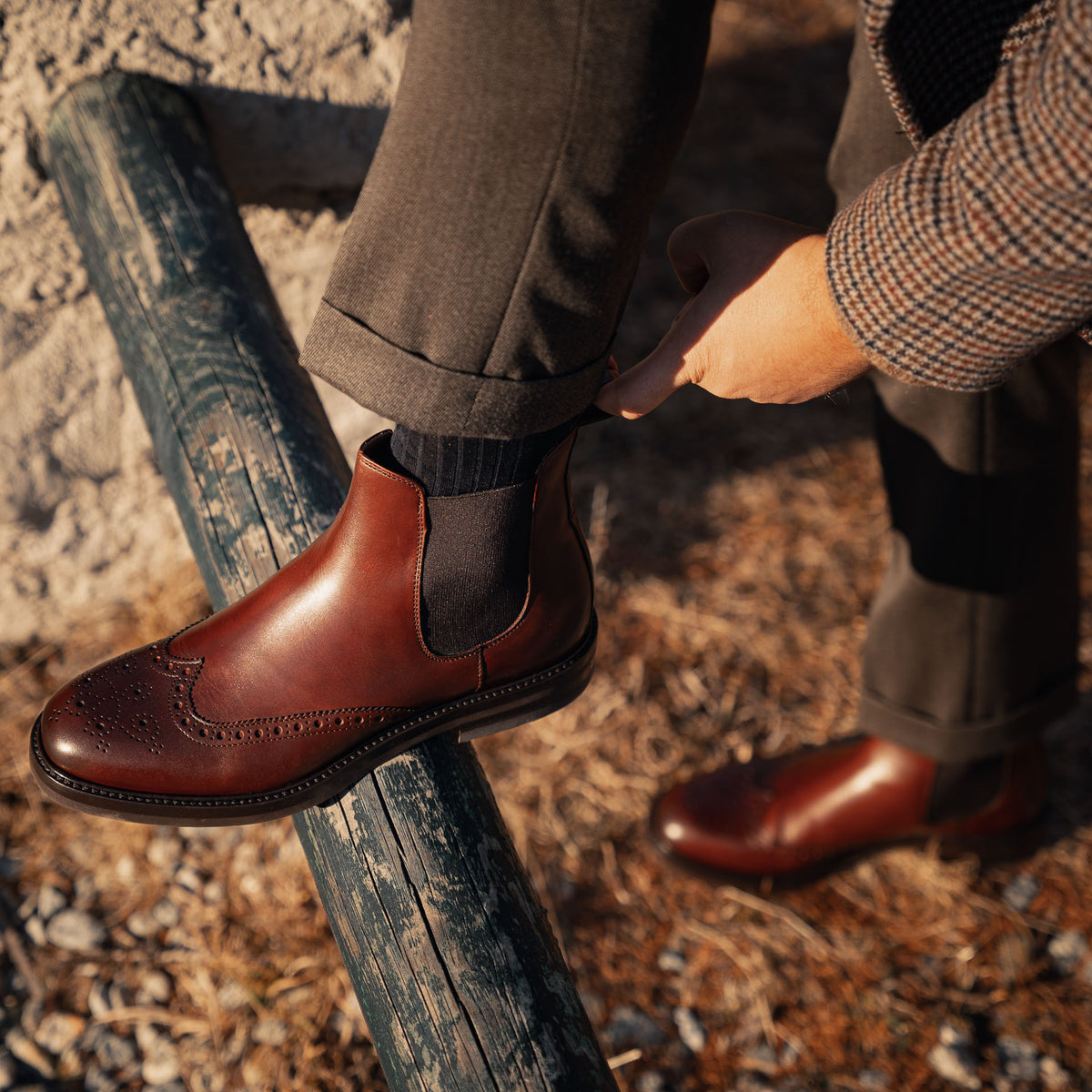 Close-up of Brown Leather Brogue Chelsea Boots highlighting the premium leather and elegant design.
