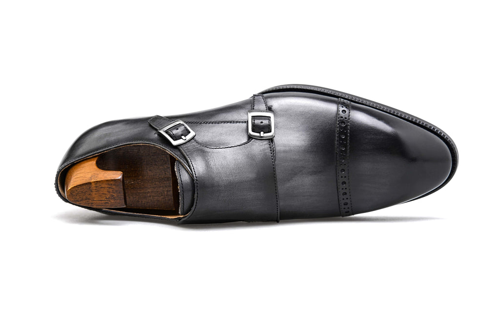 Grey Patina Double Monk Strap Shoes - Round Toe | LUXE & CRAFT