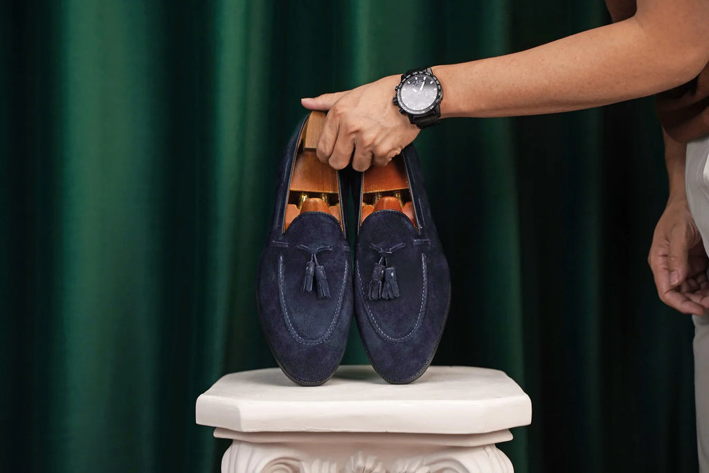 The Hand-Made Navy Blue Tassel Suede Penny Loafers | Luxe & Craft
