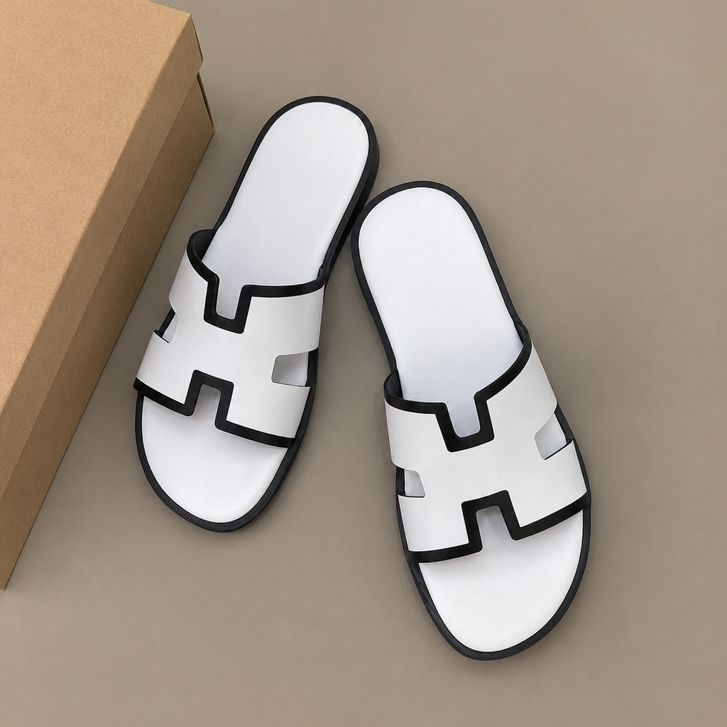 Austin Mens Slippers in Pure White - Black Color blocked Leather | LUXE & CRATFS