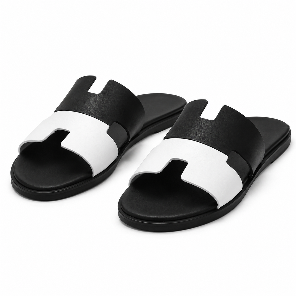 Austin Mens Slippers in White - Black Two Tone Leather | LUXE & CRATFS