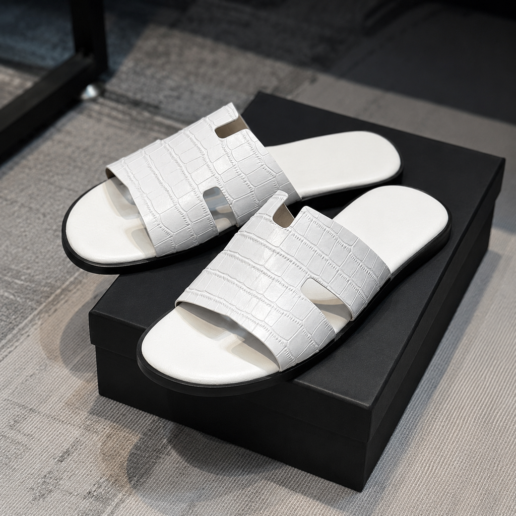Austin Mens Slippers in White Croco Leather | LUXE & CRATFS