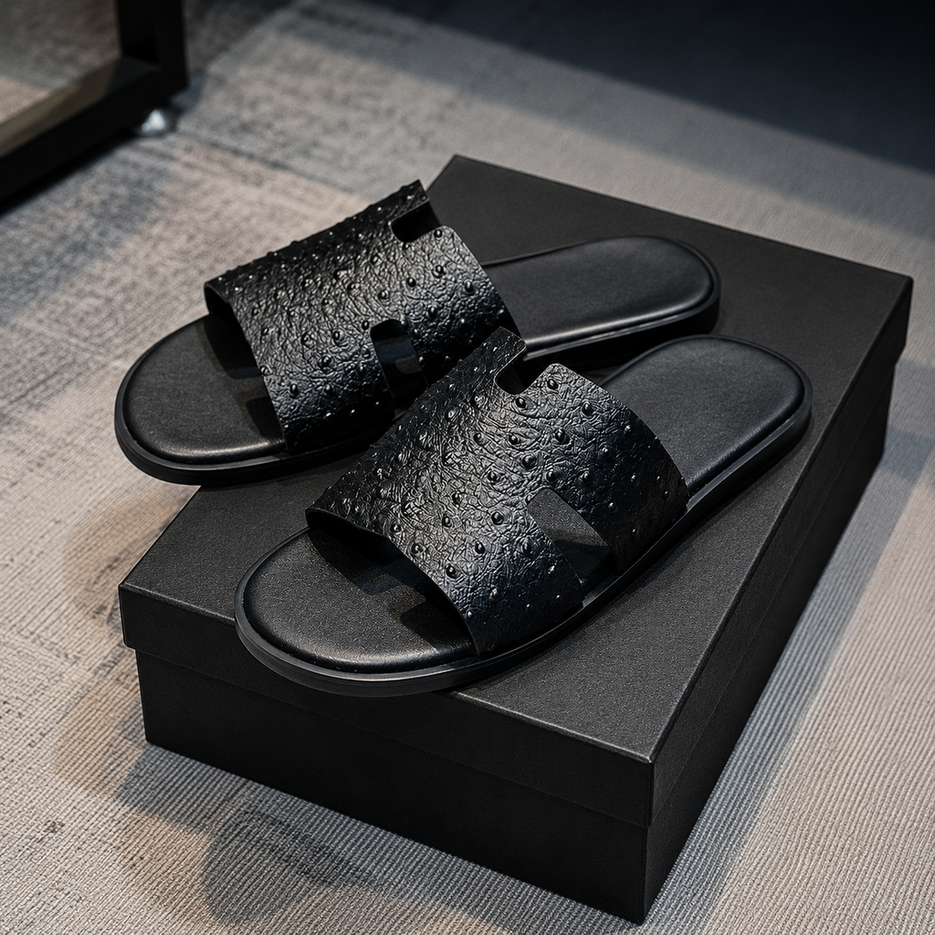 Austin Mens Slippers in Black Ostrich Leather | LUXE & CRATFS